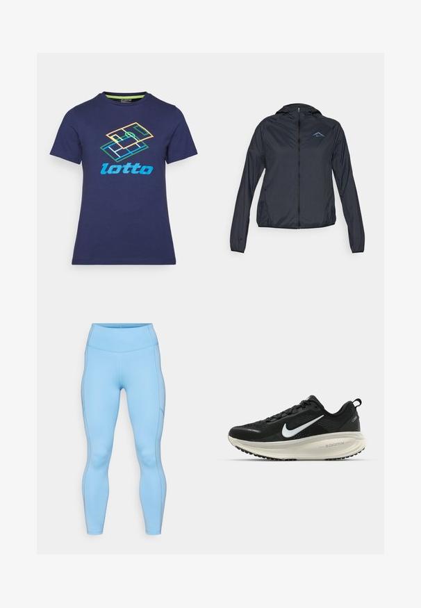 Lightweight, navy blue windbreaker jacket with a full zip, hood, and logo on the upper left chest. Smooth, water-resistant fabric.; Navy blue cotton t-shirt with short sleeves, featuring a multicolored Lotto logo and geometric design printed on the front.; Light blue leggings made of stretchy fabric. Features a high waistband, smooth texture, and curved seams along the legs.; Black Nike running shoe with breathable mesh upper, white swoosh logo, textured detailing, and a cream-colored ZoomX midsole.