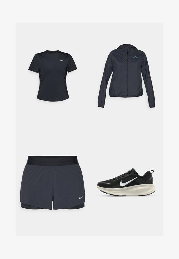 Kerge, tumesinine tuulejakk, millel on täispikk tõmblukk, kapuuts ja logo vasakul ülal rinnal. Sujuv, veekindel kanga.; Must värvusega lühikeste varrukatega sportlik särk on valmistatud kerge ja niiskust ära juhtiva kangaga. Omab ümmargust kaelust ja väikest valget Nike logo rinna peal.; Mustad must sportlikud lühikesed püksid, millel on elastne vöökoht, kihiline disain ja väike valge Nike logo vasakul all. Kerge materjal.; Musthave mustus Nike jooksujalats, millel on hingav võrgust ülemine osa, valge swoosh logo, tekstuuriga detailid ja kreemja värvusega ZoomX vahevöö.