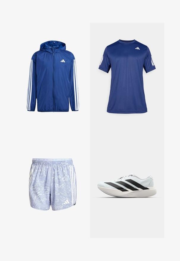 Navy lightweight jacket with a hood, featuring white three-stripe accents on each arm and a small white logo on the left chest.; Navy blue short-sleeve athletic shirt made of smooth fabric, featuring a crew neck and a white logo detail on the upper left chest.; Light blue running shorts with a textured pattern, featuring white stripes on the sides and an elastic waistband labeled "RUNNING."; Lightweight running shoes in pale blue with black stripes. Features a smooth upper, round toe, and thick white midsole labeled "LIGHTSTRIKE PRO."