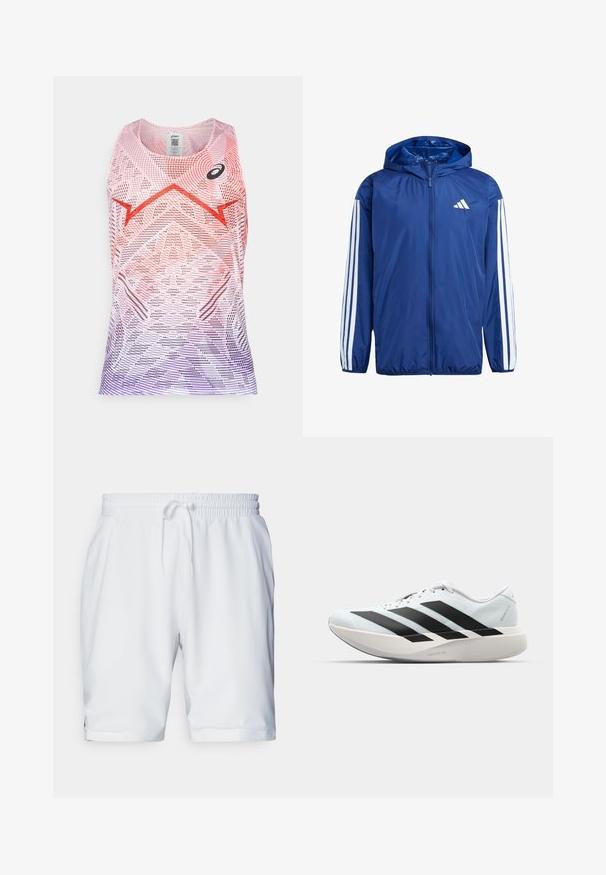 Chaqueta ligera azul marino con capucha, con acentos blancos de tres rayas en cada manga y un pequeño logo blanco en el lado izquierdo del pecho.; Top atlético sin mangas en degradado de rosa y púrpura, con patrones geométricos y un logo negro. Hecho de un tejido liviano y transpirable.; Pantalones cortos deportivos blancos con cintura elástica y cordón ajustable. Tejido suave con una sutil textura, que cuenta con bolsillos laterales.; Zapatillas de running ligeras en azul pálido con rayas negras. Presentan una parte superior suave, puntera redonda y una gruesa mediasuela blanca etiquetada como "LIGHTSTRIKE PRO".