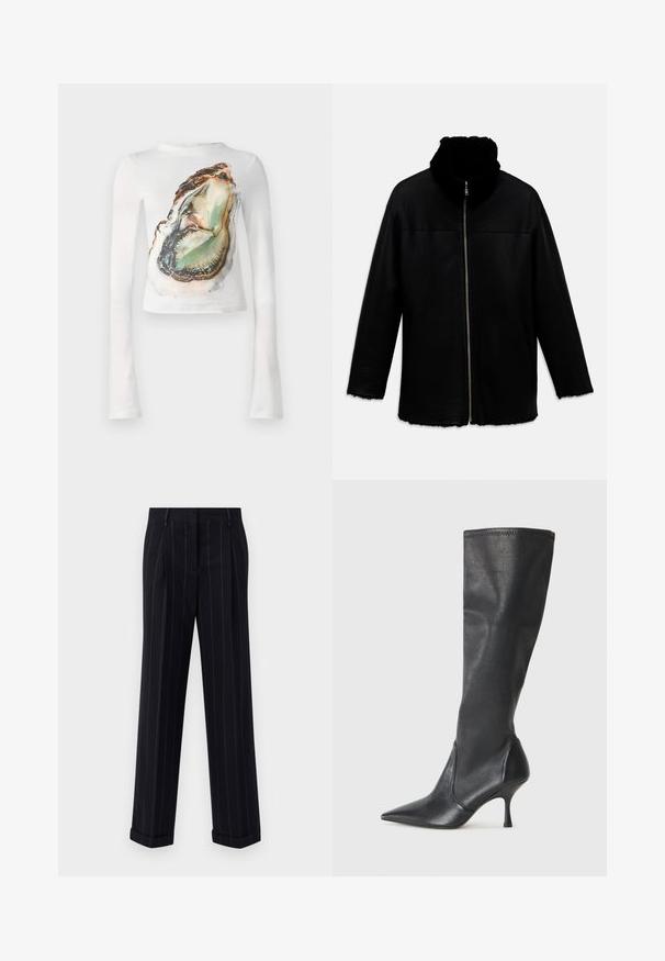 Fekete bőrdzseki elöl cipzárral, magas, szőrmebéléses gallérral, hosszú ujjal és oldalzsebekkel, fehér háttér előtt bemutatva.; Fehér, hosszú ujjú ing, amelyen egy nagy grafikai nyomtatás található egy nyitott osztrigáról zöld és barna árnyalatokkal, puha, rugalmas anyagból készült.; Fekete csíkos nadrág, testre szabott fazonnal, cuffolt szegéllyel és elülső redőkkel. Sima anyagból készült, strukturált kialakítással.; Térd fölötti fekete bőr csizmák hegyes orral és karcsú stiletto sarkal. Simább textúrájúak, jól illeszkedő kialakítással és varrással a tetején.