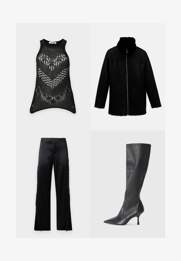 Jachetă din piele neagră cu fermoar frontal, guler înalt căptușit cu blană, mâneci lungi și buzunare laterale, expusă pe un fundal alb.; Top cu bretele negre tricotat, cu un design fără mâneci. Prezintă un model cu țesătură deschisă și un tiv ondulat. Eticheta citește "AERON."; Pantaloni negri din satin, cu picioare largi, având detalii cu franjuri de-a lungul cusăturilor laterale și o talie plată în față. Spatele este simplu, fără buzunare.; Botine din piele neagră, până la genunchi, cu vârf ascuțit și toc subțire stiletto. Textură netedă, cu un design ajustat și cusături la marginea superioară.