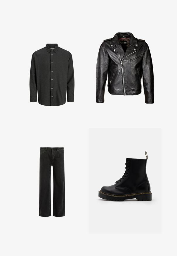 Sort lædermotorcykeljakke med sølvfarvede lynlåse, tryklåse og en klassisk krave. Har flere lynlåslommer og en slidt tekstur.; Sort og grå ternet knappeskjorte med standard krave, lange ærmer og hvide knapper. Blødt stof med en struktureret pasform.; Sorte denim bredde ben jeans med høj talje, med klassisk fem-lomme design og subtil falmning for et tekstureret udseende.; Sorte læder ankelstøvler med snørebånd foran, gul syning, en rund tå og en tyk, tekstureret gummisål.