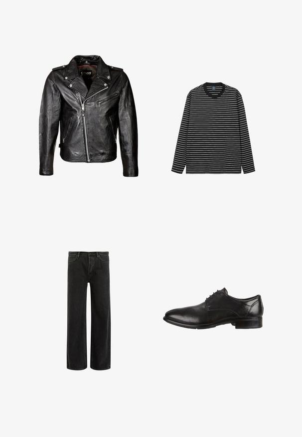 Giubbotto da moto in pelle nera con zip argentate, chiusure a pressione e colletto classico. Presenta diverse tasche con zip e una texture consumata.; T-shirt a maniche lunghe a righe bianche e nere realizzato in morbido cotone. Presenta un collo rotondo e un colletto a costine nere in contrasto.; Jeans wide-leg in denim nero con vita alta, caratterizzati da un classico design a cinque tasche e da un leggero sbiadimento per un aspetto testurizzato.; Scarpe da uomo in pelle nera con finitura liscia, punta rotonda, design con lacci e tacco basso impilato. Accenti di cucitura sottili visibili.