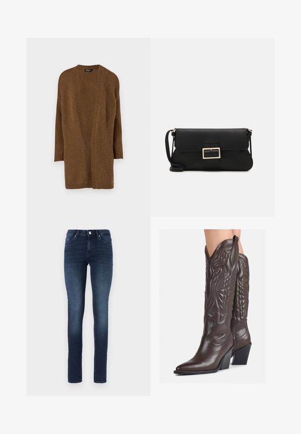 Melna puffa mēteli ar ševronu rakstu, ar rāvējslēdzēja aizdari un noņemamu mākslīgās kažokādas kapuci. Garas piedurknes, spīdīga tekstūra, līdz ceļiem garš dizains.; Brūns adīts džemperis ar atvērtu priekšpusi, garām piedurknēm un faktūras rakstu. Mīksts materiāls un brīvs siluets. Bez aizdaru vai rotājumiem.; Balta bezpiedurkņu topiņš no ribotā auduma, ar noapaļotu kakla izgriezumu un pieguļošu siluetu, ar minimālām šuvēm un bez rotājumiem.; Tumši zili skinny džinsi, izgatavoti no denima, ar klasisku piecu kabatu dizainu, pogu aizdari un nelielu izbalējumu uz augšstilbiem.; Brūni ādas kovboju zābaki ar norādītu purngalu un blokveida papēdi, ar detalizētu šūšanu un paceltiem akcentiem uz kājas daļas.; Melnas ādas saķeres soma ar atloku un zelta metāla sprādzi. Ietver melnu siksnu un elegantu, minimālistisku dizainu.; Sudraba gredzenveida auskari ar savītu dizainu, kas ir ar pulētu apdari un ar aizmugurēju fiksāciju. Izmērs ir aptuveni 3 cm diametrā.