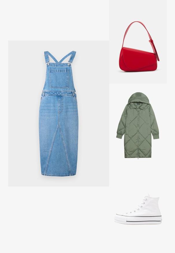 Steppelt, hosszú zöld pufikabát kapucnival, elöl cipzáras záródással és két oldalsó zsebből áll. Az anyagon teljes hosszában váltakozó gyémántmintázat található.; Világoskék farmer overall ruha, állítható pántokkal, elülső zsebbel, egyenes szoknyával, diszkrét hasítékkal és sima felülettel.; Fehér magaskorsó vászon sportcipő fekete gumi talppal, elülső gumi orrnyereggel és hat fűzőlyukkal, letisztult, minimalista dizájnnal.; Piros bőr kézitáska szögletes, geometrikus kialakítással. Egy állítható pánttal és varrott részletekkel ellátott fedélzárral rendelkezik.