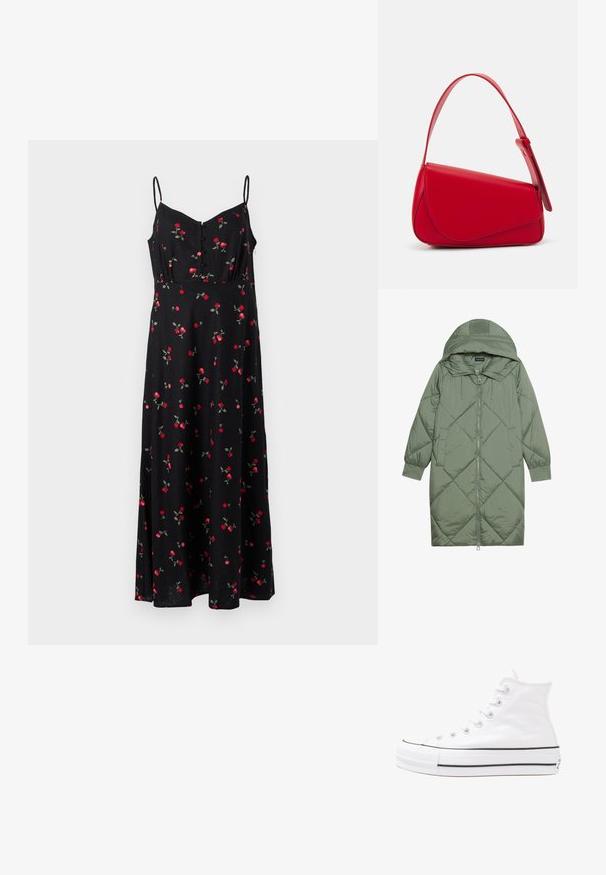 Puchowy, długi, zielony płaszcz z kapturem, z zamkiem błyskawicznym z przodu i dwoma bocznymi kieszeniami. Całość pokryta fakturowanym wzorem diamentowym.; Czarna sukienka w kwiaty z regulowanymi ramiączkami, zapinana na guziki, z wzorem czerwonych róż i zielonych liści na materiale.; Białe wysokie trampki z płótna z czarną gumową podeszwą, przednim czubkiem z gumy i sześcioma dziurkami na sznurowadła, charakteryzujące się prostym, minimalistycznym designem.; Czerwona skórzana torebka o kanciastym, geometrycznym designie. Posiada jedną regulowaną rączkę oraz zapięcie na klapę z przeszyciami.