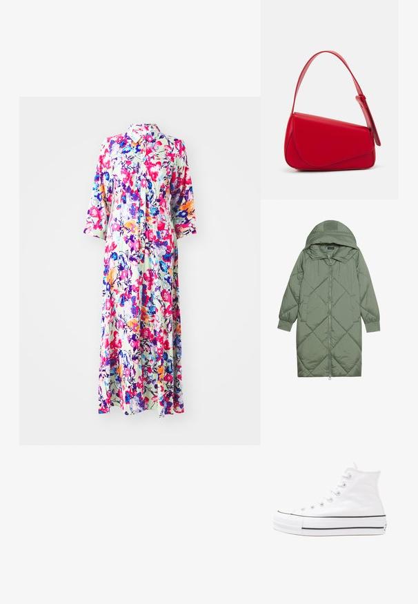 Casaco puffer longo verde acolchoado com capuz, apresentando um fecho frontal com zíper e dois bolsos laterais. Padrão texturizado em forma de diamante por todo o casaco.; Vestido maxi floral com gola, apresentando flores multicoloridas sobre um fundo claro; feito de tecido leve, tem mangas longas e fecho por botões.; Sapatilha alta de tela branca com sola de borracha preta, bico de borracha na frente e seis ilhós para os atacadores, apresentando um design limpo e minimalista.; Bolsa de mão em couro vermelho com um design angular e geométrico. Apresenta uma única alça ajustável e um fecho com aba, com detalhes cosidos.