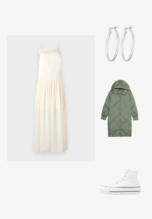 Prošívaný dlouhý zelený péřový kabát s kapucí, který má přední zip a dvě boční kapsy. Po celém povrchu je texturovaný diamantový vzor.; Maxi šaty se špagetovými ramínky, top z podobného hedvábného materiálu a splývavá, vrstvená šifonová sukně ve světle béžové barvě.; Bílé vysoké plátěné tenisky s černou gumovou podrážkou, přední gumovou špičkou a šesti očky na tkaničky, se čistým, minimalistickým designem.; Stříbrné kruhové náušnice s hladkým, lesklým povrchem. Kulatý tvar a bezpečné zapínání na klip. Lehký design vhodný pro každodenní nošení.