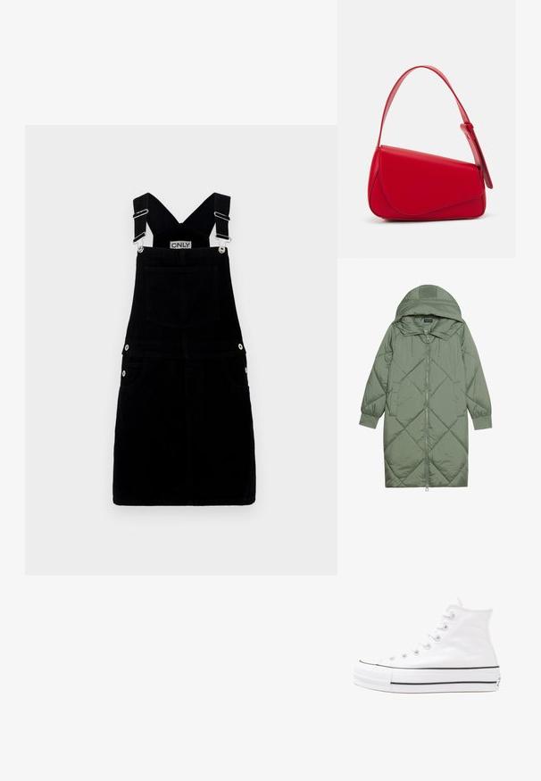 Quiltet lang grønn pufferjakke med hette, med en frontglidelås og to sidelommer. Teksturerte diamantmønster overalt.; Svart denim overallskjole med justerbare stropper, sølvfarget maskinvare, frontlommer og en baklomme. Glatt tekstur og tilpasset design.; Hvit høy-skinn kanvas sneakers med svart gummisåle, gummitåhette foran og seks hull for snorer, med et rent, minimalistisk design.; Rød lærveske med en vinklet, geometrisk design. Har en enkelt justerbar stropp og en klaffelukking med sydd detaljer.