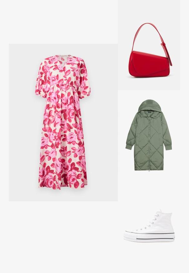 Puchowy, długi, zielony płaszcz z kapturem, z zamkiem błyskawicznym z przodu i dwoma bocznymi kieszeniami. Całość pokryta fakturowanym wzorem diamentowym.; Kwiatowa sukienka maxi z lekkiego materiału, z różowym wzorem róż, dekoltem w kształcie litery V, wcięciem w talii oraz bufiastymi rękawami z elastycznymi mankietami.; Białe wysokie trampki z płótna z czarną gumową podeszwą, przednim czubkiem z gumy i sześcioma dziurkami na sznurowadła, charakteryzujące się prostym, minimalistycznym designem.; Czerwona skórzana torebka o kanciastym, geometrycznym designie. Posiada jedną regulowaną rączkę oraz zapięcie na klapę z przeszyciami.
