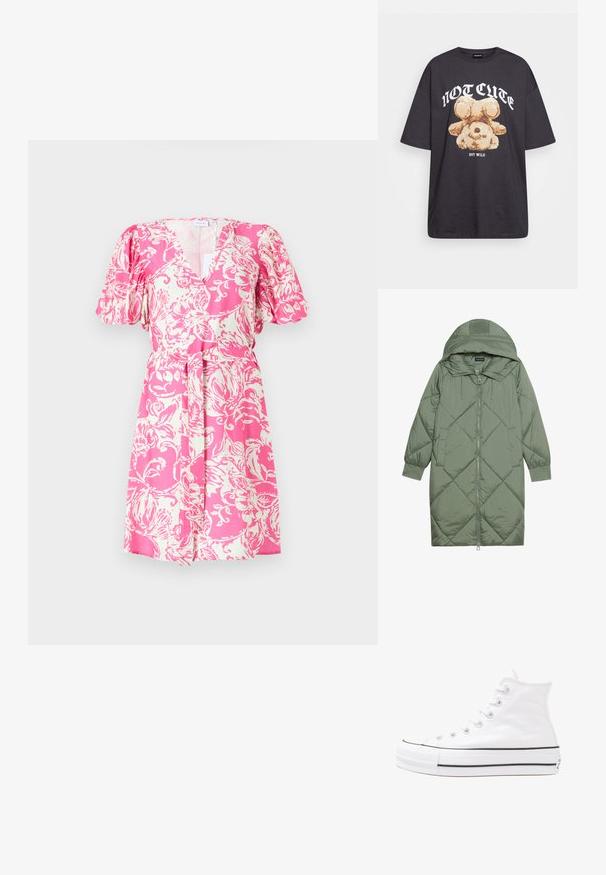 Casaco puffer longo verde acolchoado com capuz, apresentando um fecho frontal com zíper e dois bolsos laterais. Padrão texturizado em forma de diamante por todo o casaco.; Vestido floral rosa com decote em V, mangas bufantes e faixa para amarrar. Tecido macio com um padrão floral branco sobre um fundo rosa.; T-shirt oversized preto com uma gráfica de um urso e o texto "NÃO FOFO, MAS SELVAGEM" em letras brancas e em negrito. Material em algodão.; Sapatilha alta de tela branca com sola de borracha preta, bico de borracha na frente e seis ilhós para os atacadores, apresentando um design limpo e minimalista.