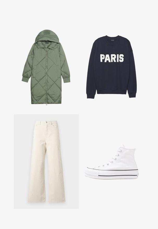 Abrigo acolchado largo verde tipo puffer con capucha, que presenta un cierre frontal con cremallera y dos bolsillos laterales. Patrón de diamantes texturizado en toda su superficie.; Sudadera azul marino con puños y cuello de canalé, que presenta letras de forro polar en blanco que dicen "PARIS" en la parte delantera.; Pantalones de pernera ancha beige, hechos de algodón, con cierre de botón en la parte frontal, bolsillos laterales y una textura suave. Diseño minimalista sin patrones.; Zapatilla de lona alta blanca con suela de goma negra, puntera de goma frontal y seis ojetes para los cordones, que presenta un diseño limpio y minimalista.