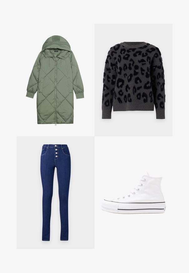 Gequiltede lange groene pufferjas met een capuchon, met een ritssluiting aan de voorkant en twee zijzakken. Gelaagd ruitpatroon overal.; Grijze trui van zachte stof met een zwart luipaardenpatroon, ronde hals, en geribde manchetten en zoom. Geweven patches geven dimensie.; Skinny jeans in donkerblauwe denim, met een hoge taille, een knoopsluiting met vijf zilveren knopen en minimalistische achterzakken.; Witte high-top canvas sneakers met een zwarte rubberen zool, een rubberen neuskap aan de voorkant en zes gaatjes voor veters, met een schone, minimalistische uitstraling.