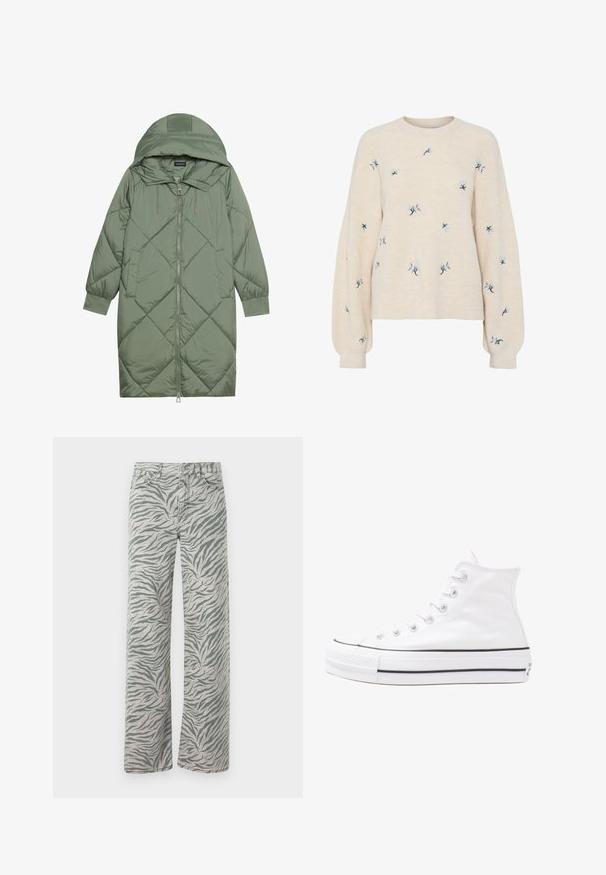 Manteau matelassé long vert avec capuche, doté d'une fermeture éclair à l'avant et de deux poches latérales. Motif en losanges texturé sur toute sa surface.; Pull beige avec une texture côtelée, orné de broderies florales bleues. Encolure ronde et manches longues amples.; Jean gris clair avec un motif rayé tigre en gris foncé. Ils présentent une coupe droite et une couture en denim traditionnelle.; Baskets montantes en toile blanche avec semelle en caoutchouc noir, capuchon en caoutchouc à l'avant, et six œillets pour les lacets, présentant un design épuré et minimaliste.