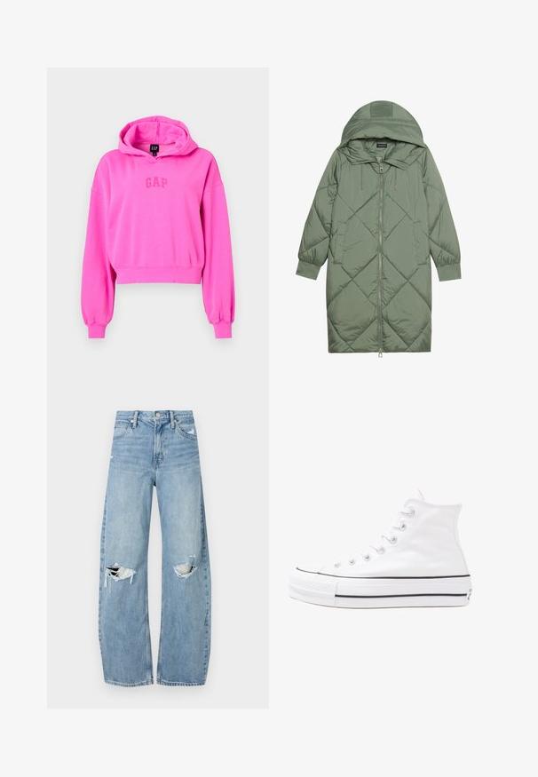 Cappotto lungo imbottito verde con un cappuccio, caratterizzato da una chiusura frontale a zip e due tasche laterali. Motivo a rombi testurizzati su tutta la superficie.; GAP LOGO CROPPED - Felpa - standout pink; Jeans azzurri chiari a vita alta realizzati in denim. Presentano gambe larghe, due aree strappate sulle ginocchia e il classico styling a cinque tasche.; Sneaker alta in tela bianca con suola in gomma nera, punta in gomma frontale e sei asole per i lacci, caratterizzata da un design pulito e minimalista.