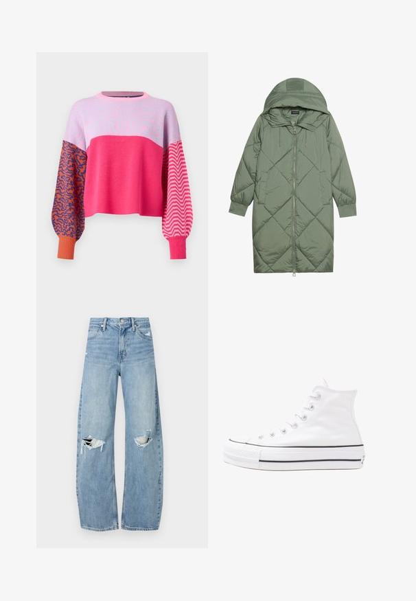 Manteau matelassé long vert avec capuche, doté d'une fermeture éclair à l'avant et de deux poches latérales. Motif en losanges texturé sur toute sa surface.; ONLY ONLHILLA MIX BOX O NECK - Pullover - raspberry sorbet; Jeans en denim bleu clair à taille haute. Présentent des jambes larges, deux zones déchirées aux genoux et un style classique à cinq poches.; Baskets montantes en toile blanche avec semelle en caoutchouc noir, capuchon en caoutchouc à l'avant, et six œillets pour les lacets, présentant un design épuré et minimaliste.