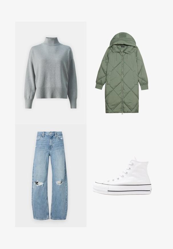 Puchowy, długi, zielony płaszcz z kapturem, z zamkiem błyskawicznym z przodu i dwoma bocznymi kieszeniami. Całość pokryta fakturowanym wzorem diamentowym.; Jasnoszary sweter dzianinowy z wysokim, prążkowanym kołnierzem, luźnym krojem, wydłużonymi rękawami i prążkowanym dołem. Miękka tekstura i minimalistyczny design.; Jasnoniebieskie, wysokiej talii dżinsy wykonane z denimu. Posiadają szerokie nogawki, dwa podarte miejsca na kolanach oraz klasyczne pięć kieszeni.; Białe wysokie trampki z płótna z czarną gumową podeszwą, przednim czubkiem z gumy i sześcioma dziurkami na sznurowadła, charakteryzujące się prostym, minimalistycznym designem.
