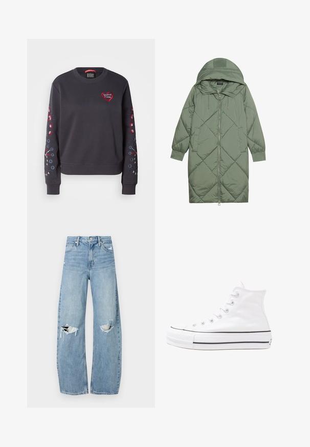 Puchowy, długi, zielony płaszcz z kapturem, z zamkiem błyskawicznym z przodu i dwoma bocznymi kieszeniami. Całość pokryta fakturowanym wzorem diamentowym.; Ciemnoszara bluza z okrągłym dekoltem, z czerwonym logo serca i kolorowym haftem kwiatowym na rękawach. Miękka tkanina, ściągacze na rękawach.; Jasnoniebieskie, wysokiej talii dżinsy wykonane z denimu. Posiadają szerokie nogawki, dwa podarte miejsca na kolanach oraz klasyczne pięć kieszeni.; Białe wysokie trampki z płótna z czarną gumową podeszwą, przednim czubkiem z gumy i sześcioma dziurkami na sznurowadła, charakteryzujące się prostym, minimalistycznym designem.