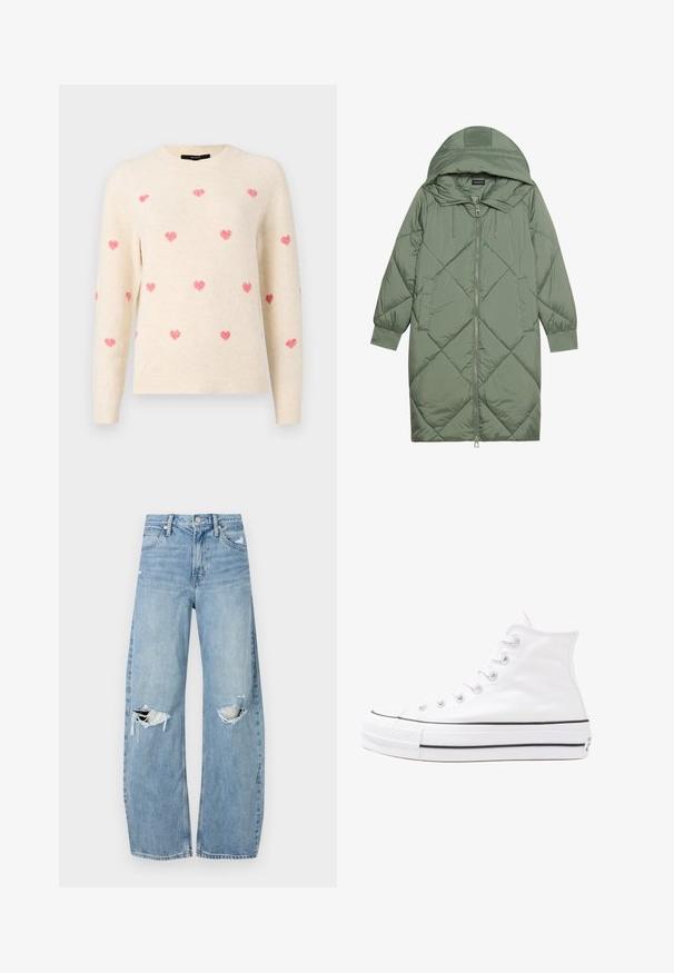 Gequiltede lange groene pufferjas met een capuchon, met een ritssluiting aan de voorkant en twee zijzakken. Gelaagd ruitpatroon overal.; Crème trui met een ronde halslijn, versierd met geborduurde roze harten verspreid over de stof. Zachte textuur met geribde manchetten en zoom.; Lichtblauwe, hooggeritste jeans van denim. Beschikken over wijde pijpen, twee gescheurde knievalken en klassieke vijfzakken styling.; Witte high-top canvas sneakers met een zwarte rubberen zool, een rubberen neuskap aan de voorkant en zes gaatjes voor veters, met een schone, minimalistische uitstraling.