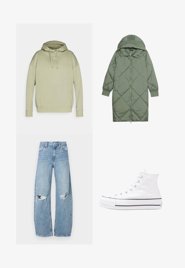 Cappotto lungo imbottito verde con un cappuccio, caratterizzato da una chiusura frontale a zip e due tasche laterali. Motivo a rombi testurizzati su tutta la superficie.; Felpa Puma verde chiaro, dotata di tasca a canguro, cappuccio con cordini e polsini a coste. Realizzata in un morbido misto cotone.; Jeans azzurri chiari a vita alta realizzati in denim. Presentano gambe larghe, due aree strappate sulle ginocchia e il classico styling a cinque tasche.; Sneaker alta in tela bianca con suola in gomma nera, punta in gomma frontale e sei asole per i lacci, caratterizzata da un design pulito e minimalista.