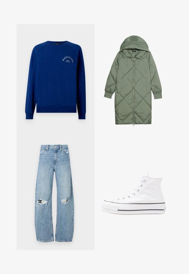 Steppelt, hosszú zöld pufikabát kapucnival, elöl cipzáras záródással és két oldalsó zsebből áll. Az anyagon teljes hosszában váltakozó gyémántmintázat található.; Kék, kerek nyakú pulóver, puha anyagból készült, bordás mandzsettákkal és szegélyzel. Az elején egy íves dizájnnal ellátott fehér szöveges logó látható.; Világoskék, magas derekú farmernadrág. Széles lábakkal, két szakadt térddel és klasszikus öt zsebes dizájnnal rendelkezik.; Fehér magaskorsó vászon sportcipő fekete gumi talppal, elülső gumi orrnyereggel és hat fűzőlyukkal, letisztult, minimalista dizájnnal.