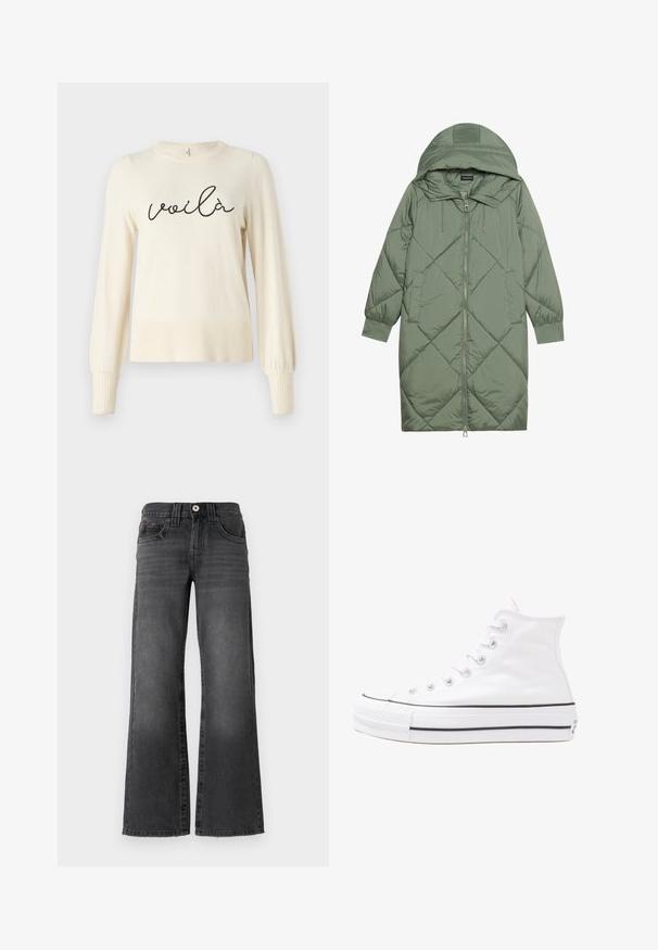 Gesteppten langer grüner Daunenmantel mit Kapuze, mit einem Reißverschluss vorne und zwei Seitentaschen. Strukturiertes Rautenmuster auf der gesamten Fläche.; Cremfarbener Pullover mit langen, luftigen Ärmeln und gerippten Bündchen. Mit schwarzem, kursivem "voilà" auf der Vorderseite gestickt. Weicher Stoff.; Weite Jeans aus dunkelgrauem Denim. Mit fünf Taschen, einem Knopfverschluss und dezentem Verblassen des Stoffes. Klassische Nähte betonen das Design.; Weiße hochwertige Leinensneaker mit schwarzer Gummisohle, vorderem Gummizehenschutz und sechs Ösen für Schnürsenkel, die ein sauberes, minimalistisches Design aufweisen.