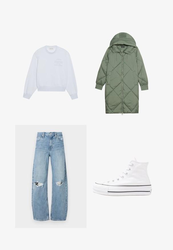 Abrigo acolchado largo verde tipo puffer con capucha, que presenta un cierre frontal con cremallera y dos bolsillos laterales. Patrón de diamantes texturizado en toda su superficie.; Sudadera de cuello redondo de color azul claro, confeccionada con una tela suave, que presenta un corte relajado, puños acanalados y un gráfico sutil en la parte frontal en un tono ligeramente más oscuro.; Vaqueros de mezclilla de tiro alto en azul claro. Tienen piernas anchas, dos áreas desgastadas en las rodillas y un estilo clásico de cinco bolsillos.; Zapatilla de lona alta blanca con suela de goma negra, puntera de goma frontal y seis ojetes para los cordones, que presenta un diseño limpio y minimalista.