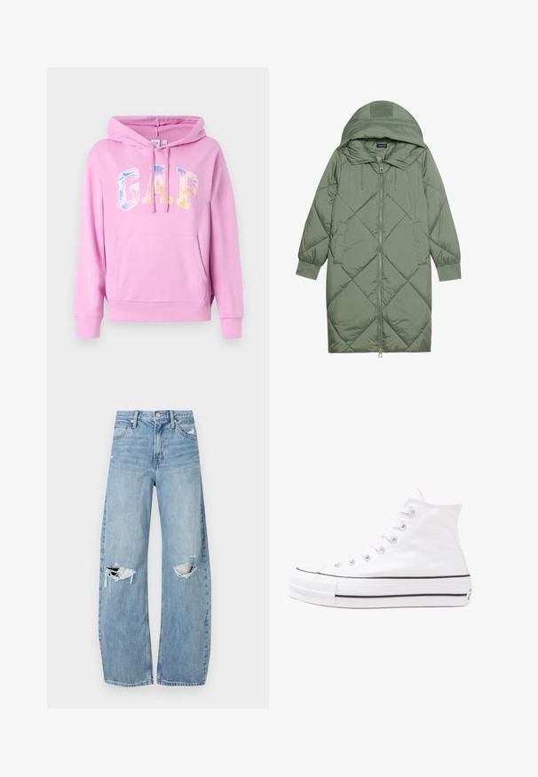 Casaco puffer longo verde acolchoado com capuz, apresentando um fecho frontal com zíper e dois bolsos laterais. Padrão texturizado em forma de diamante por todo o casaco.; Sweater rosa com bolso frontal, capuz com cordão e logotipo "GAP" em gradiente de cores pastel. Textura suave e punhos canelados.; Jeans de lavagem clara, de cintura alta, feitos de denim. Apresentam pernas largas, duas áreas rasgadas nos joelhos e o estilo clássico de cinco bolsos.; Sapatilha alta de tela branca com sola de borracha preta, bico de borracha na frente e seis ilhós para os atacadores, apresentando um design limpo e minimalista.