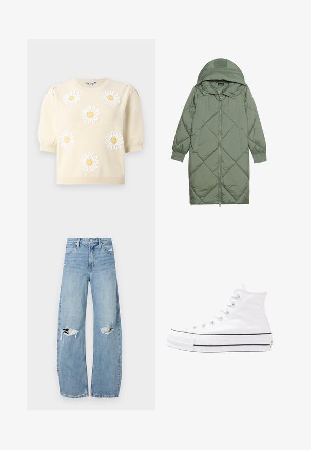 Steppelt, hosszú zöld pufikabát kapucnival, elöl cipzáras záródással és két oldalsó zsebből áll. Az anyagon teljes hosszában váltakozó gyémántmintázat található.; Krém színű, rövid ujjas pulóver hímzett margaréta mintákkal. Kerek nyakkivágással és bordázott mandzsettákkal rendelkezik. Puha kötött anyag.; Világoskék, magas derekú farmernadrág. Széles lábakkal, két szakadt térddel és klasszikus öt zsebes dizájnnal rendelkezik.; Fehér magaskorsó vászon sportcipő fekete gumi talppal, elülső gumi orrnyereggel és hat fűzőlyukkal, letisztult, minimalista dizájnnal.