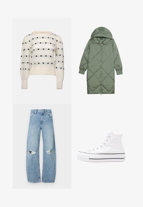 Quilted long green puffer coat with a hood, featuring a front zipper closure and two side pockets. Textured diamond pattern throughout.; White knitted sweater featuring horizontal stripes and black polka dots. Round neck, long sleeves, ribbed cuffs and hem. Soft texture.; Light blue, high-waisted jeans made of denim. Feature wide legs, two torn knee areas, and classic five-pocket styling.; White high-top canvas sneaker with black rubber sole, front rubber toe cap, and six eyelets for laces, featuring a clean, minimalist design.