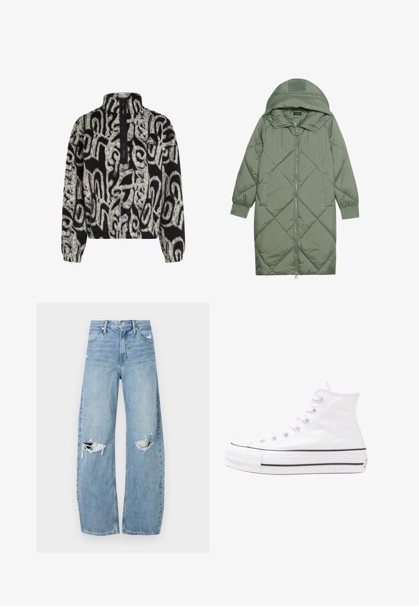 Quilted long green puffer coat with a hood, featuring a front zipper closure and two side pockets. Textured diamond pattern throughout.; Black and white patterned fleece pullover with quarter zip and a triangular O'Neill logo patch on the chest.; Light blue, high-waisted jeans made of denim. Feature wide legs, two torn knee areas, and classic five-pocket styling.; White high-top canvas sneaker with black rubber sole, front rubber toe cap, and six eyelets for laces, featuring a clean, minimalist design.