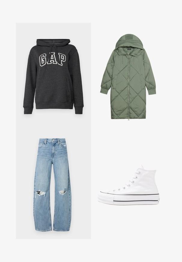 Gesteppten langer grüner Daunenmantel mit Kapuze, mit einem Reißverschluss vorne und zwei Seitentaschen. Strukturiertes Rautenmuster auf der gesamten Fläche.; Dunkelgrauer Hoodie aus weichem Stoff mit einer Kängurutasche, Kapuze mit Kordelzug und großem weißen "GAP"-Logo auf der Vorderseite.; Helles, hochtailliertes Jeans aus Denim. Hat weit geschnittene Beine, zwei aufgerissene Kniebereiche und klassischen Fünf-Taschen-Stil.; Weiße hochwertige Leinensneaker mit schwarzer Gummisohle, vorderem Gummizehenschutz und sechs Ösen für Schnürsenkel, die ein sauberes, minimalistisches Design aufweisen.
