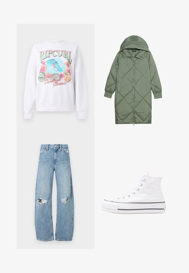 Cappotto lungo imbottito verde con un cappuccio, caratterizzato da una chiusura frontale a zip e due tasche laterali. Motivo a rombi testurizzati su tutta la superficie.; Felpa bianca con una stampa grafica colorata che presenta "Ripcurl" in cima, fiori tropicali e una scena di surf. Fit dallo stile classico.; Jeans azzurri chiari a vita alta realizzati in denim. Presentano gambe larghe, due aree strappate sulle ginocchia e il classico styling a cinque tasche.; Sneaker alta in tela bianca con suola in gomma nera, punta in gomma frontale e sei asole per i lacci, caratterizzata da un design pulito e minimalista.