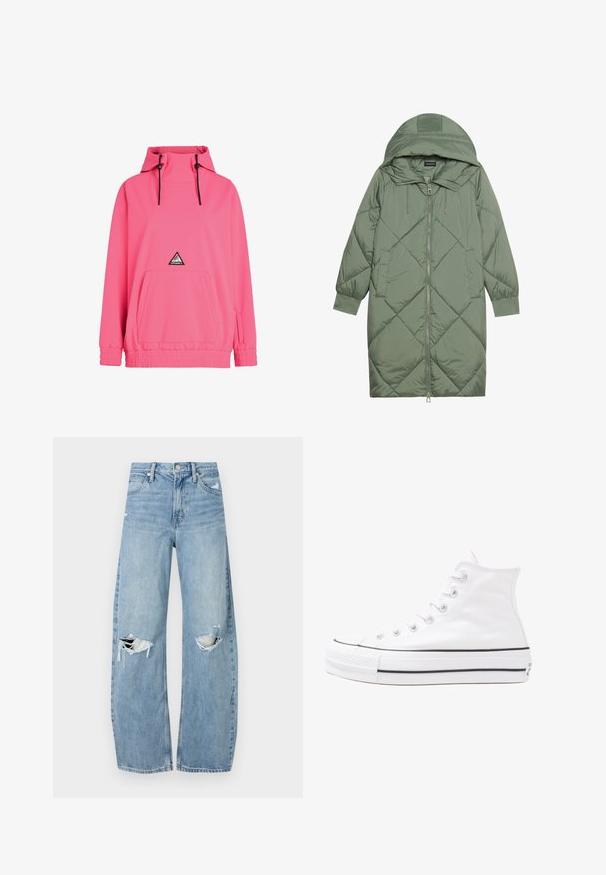 Gequiltede lange groene pufferjas met een capuchon, met een ritssluiting aan de voorkant en twee zijzakken. Gelaagd ruitpatroon overal.; Roze pulloverjack met capuchon, voorzien van een voorzak, elastische mouwen en koorden. Inclusief een driehoekige logo patch op de voorkant.; Lichtblauwe, hooggeritste jeans van denim. Beschikken over wijde pijpen, twee gescheurde knievalken en klassieke vijfzakken styling.; Witte high-top canvas sneakers met een zwarte rubberen zool, een rubberen neuskap aan de voorkant en zes gaatjes voor veters, met een schone, minimalistische uitstraling.