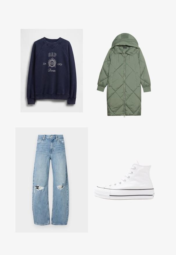 Prošívaný dlouhý zelený péřový kabát s kapucí, který má přední zip a dvě boční kapsy. Po celém povrchu je texturovaný diamantový vzor.; Námořnická modrá mikina ze 100% bavlny, s kulatým výstřihem, raglánovými rukávy a vyšitým logem "GAP" s ozdobným designem.; Světle modré džíny s vysokým pasem vyrobené z denimu. Mají široké nohavice, dvě roztržené oblasti na kolenou a klasický pětikapsový střih.; Bílé vysoké plátěné tenisky s černou gumovou podrážkou, přední gumovou špičkou a šesti očky na tkaničky, se čistým, minimalistickým designem.