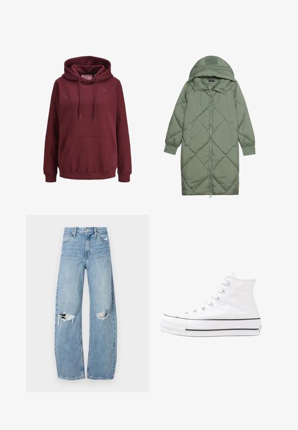 Abrigo acolchado largo verde tipo puffer con capucha, que presenta un cierre frontal con cremallera y dos bolsillos laterales. Patrón de diamantes texturizado en toda su superficie.; Sudadera burdeos hecha de un tejido suave, con un bolsillo frontal tipo canguro, cordones ajustables y un pequeño logo en el pecho.; Vaqueros de mezclilla de tiro alto en azul claro. Tienen piernas anchas, dos áreas desgastadas en las rodillas y un estilo clásico de cinco bolsillos.; Zapatilla de lona alta blanca con suela de goma negra, puntera de goma frontal y seis ojetes para los cordones, que presenta un diseño limpio y minimalista.