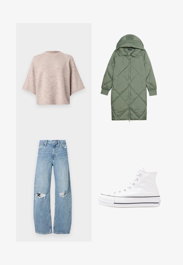 Zelený prešívaný páperový kabát s kapucňou, so zipsovým uzáverom vpredu a dvoma bočnými vreckami. Po celom povrchu je textúrovaný diamantový vzor.; Svetlorožová oversize svetrová mikina s okrúhlym výstrihom, širokými rukávmi a mäkkou pletenou textúrou. Žiadne viditeľné vzory ani kovové detaily.; Svetlomodré, vysoké džínsy vyrobené z denimu. Majú široké nohavice, dve roztrhnuté kolená a klasický päťvreckový strih.; Biele vysoké plátené tenisky s čiernou gumovou podošvou, prednou gumovou špičkou a šiestimi okami na šnúrky, s čistým, minimalistickým dizajnom.