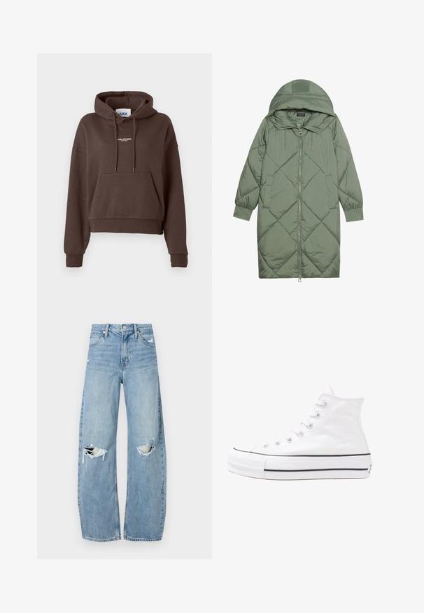 Vadderad lång grön pufferjacka med huva, med en framsidan dragkedjestängning och två sidofickor. Strukturerad diamantmönster över hela plagget.; Brun kortärmad hoodie med framficka och "JJXX STUDIO" tryckt i vitt på bröstet, med en snodd i huvan och ribbad mudd.; Ljusblå, högmidjade jeans i denim. Har vida ben, två slitna knäområden och klassisk femfickedesign.; Vit hög topp canvas sneaker med svart gummisulan, framsidan gummitåhätta och sex öglor för snören, med en ren, minimalistisk design.