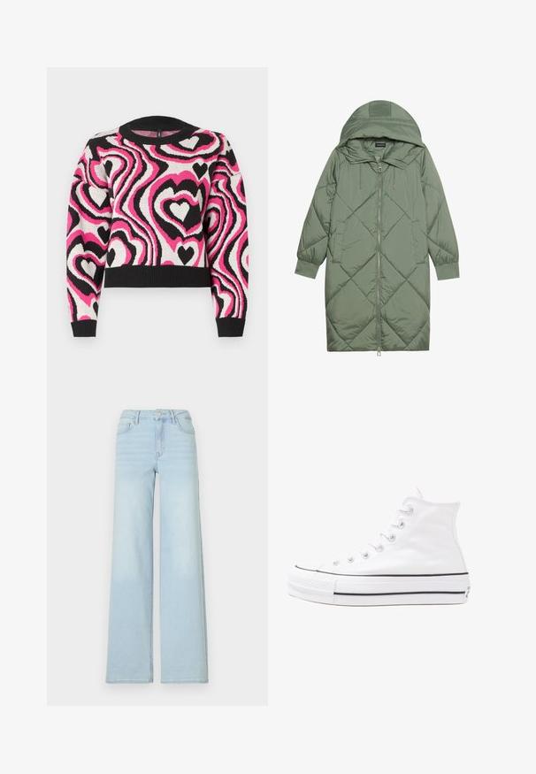 Quiltet lang grønn pufferjakke med hette, med en frontglidelås og to sidelommer. Teksturerte diamantmønster overalt.; Strikkegenser med et bølgete mønster av rosa, hvite og svarte hjerter. Ribbestrikket halslinning og mansjetter; kort design. Myk tekstur.; Lyse blå vide jeans laget av denim med klassisk fem-lommedesign og frontknapplukking. Har lett falming foran.; Hvit høy-skinn kanvas sneakers med svart gummisåle, gummitåhette foran og seks hull for snorer, med et rent, minimalistisk design.