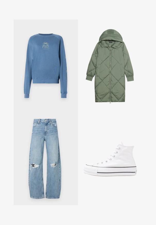 Zelený prešívaný páperový kabát s kapucňou, so zipsovým uzáverom vpredu a dvoma bočnými vreckami. Po celom povrchu je textúrovaný diamantový vzor.; Modrá mikina s kruhovým výstrihom vyrobená z mäkkého materiálu. Na prednej strane má grafický dizajn s textom a slnečnými motívmi na rukávoch.; Svetlomodré, vysoké džínsy vyrobené z denimu. Majú široké nohavice, dve roztrhnuté kolená a klasický päťvreckový strih.; Biele vysoké plátené tenisky s čiernou gumovou podošvou, prednou gumovou špičkou a šiestimi okami na šnúrky, s čistým, minimalistickým dizajnom.