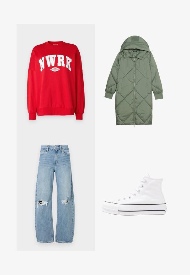 Κοντό πράσινο πούπερ μπουφάν με κουκούλα, διαθέτοντας κεντρικό φερμουάρ και δύο πλαϊνές τσέπες. Υφασμάτινο σχέδιο με ρόμβους σε όλη την επιφάνεια.; Κόκκινο πουλόβερ με έντονα λευκά γράμματα "NWRK" και κυκλική λογότυπη. Ριχτές μανσέτες και λαιμόκοψη; μαλακό υλικό με χαλαρή εφαρμογή.; Ανοιχτόμπλε, ψηλόμεσα τζιν φτιαγμένα από τζιν ύφασμα. Διαθέτουν φαρδιές καμπάνες, δύο σκισμένα γόνατα και κλασικό στιλ πέντε τσεπών.; Λευκό ψηλό καμβαδάκι αθλητικό παπούτσι με μαύρη καουτσούκ σόλα, πρόσθιο καουτσούκ καλύμματος δακτύλου και έξι οπές για κορδόνια, με μια καθαρή και μίνιμαλ σχεδίαση.