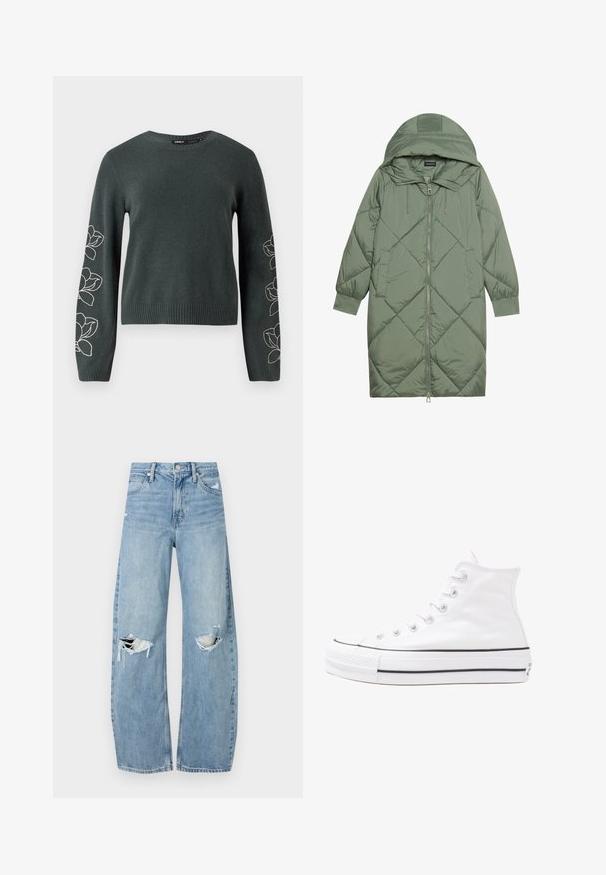 Manteau matelassé long vert avec capuche, doté d'une fermeture éclair à l'avant et de deux poches latérales. Motif en losanges texturé sur toute sa surface.; Pull en tricot vert foncé à manches longues, présentant des motifs de fleurs blanches brodés le long des manches et un col et un ourlet côtelés.; Jeans en denim bleu clair à taille haute. Présentent des jambes larges, deux zones déchirées aux genoux et un style classique à cinq poches.; Baskets montantes en toile blanche avec semelle en caoutchouc noir, capuchon en caoutchouc à l'avant, et six œillets pour les lacets, présentant un design épuré et minimaliste.