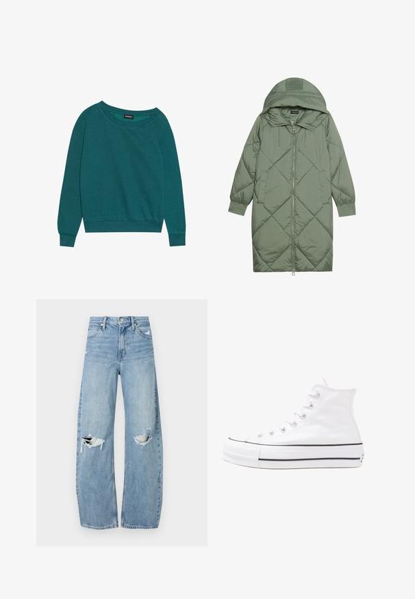 Prostorna dolga zeleni puffer plašč s kapuco, z zadrgo spredaj in dvema stranskima žepoma. Tekstura z diamantnim vzorcem po celotni površini.; Turkizna majica s širokim izrezom, dugim rukavima i rebrastim manžetama. Izrađena od mekog materijala s opuštenim krojem. Lagana tekstura, bez uzoraka.; Svijetloplave traperice visoki struk. Imaju široke nogavice, dva poderana područja na koljenima i klasičan petotoksi stil.; Beli visoki platneni športni čevelj z črnim gumijastim podplatom, sprednjim gumijastim zaščitnikom za prste in šestimi luknjicami za vezalke, ki se ponaša s preprostim, minimalističnim dizajnom.