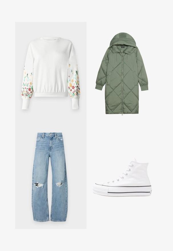 Cappotto lungo imbottito verde con un cappuccio, caratterizzato da una chiusura frontale a zip e due tasche laterali. Motivo a rombi testurizzati su tutta la superficie.; Felpa bianca con scollo rotondo e polsini a costine, caratterizzata da un ricamo floreale colorato lungo le maniche in varie tonalità.; Jeans azzurri chiari a vita alta realizzati in denim. Presentano gambe larghe, due aree strappate sulle ginocchia e il classico styling a cinque tasche.; Sneaker alta in tela bianca con suola in gomma nera, punta in gomma frontale e sei asole per i lacci, caratterizzata da un design pulito e minimalista.