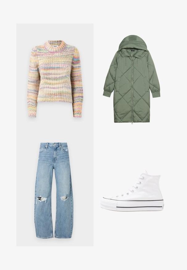 Manteau matelassé long vert avec capuche, doté d'une fermeture éclair à l'avant et de deux poches latérales. Motif en losanges texturé sur toute sa surface.; Pull en tricot multicolore avec une texture côtelée, présentant un col montant, des manches longues et des rayures alternées dans des teintes pastel.; Jeans en denim bleu clair à taille haute. Présentent des jambes larges, deux zones déchirées aux genoux et un style classique à cinq poches.; Baskets montantes en toile blanche avec semelle en caoutchouc noir, capuchon en caoutchouc à l'avant, et six œillets pour les lacets, présentant un design épuré et minimaliste.