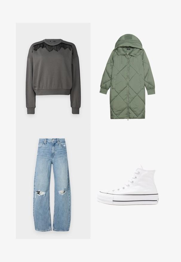 Pistetud pikk roheline puffermantel kapuutsiga, esiküljel tõmblukuga ja kahe küljetaskuga. Kogu pinnal on struktureeritud rombikujundus.; ONLY ONLSOFIE O-NECK - Pusa - magnet; Heledad hallideega sinised teksad, millel on kõrge talje. Teksade jalgadel on lai alus, kaks rebitud kohta põlvede ümber ning klassikaline viie tasku stiil.; Valge kõrgem kangast tenniseking, millel on must kummist tald, ees kummist varvasetugi ja kuus aukku paelte jaoks, pakkudes puhta ja minimalistliku disaini.