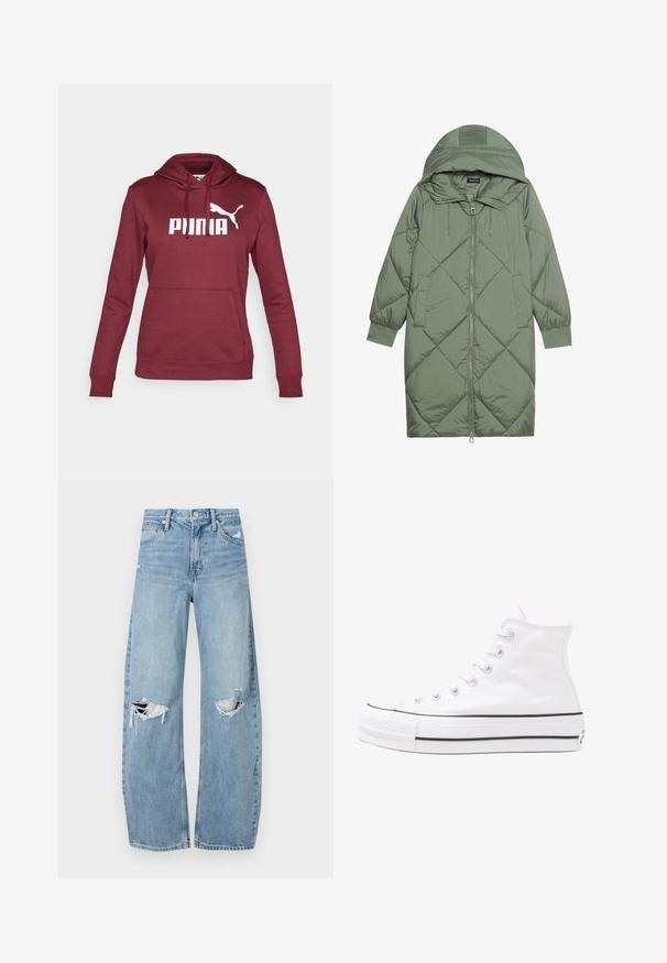 Quiltuotas ilgas žalias pūkinis paltas su kapuce, turintis priekinį užtrauktuką ir dvi šonines kišenes. Visame paviršiuje yra tekstūrinis rombų raštas.; Burgundi spalvos gobtuvinė palaidinė su dideliu baltu "PUMA" logotipu ir baltu katės siluetu; turi priekinius kišenių kišenes ir suglebusias rankoves.; Šviesiai mėlynos, aukštu juosmeniu džinsai pagaminti iš džinsinio audinio. Turi plačias kojų kelnes, dvi suplėšytas kelio vietas ir klasikinį penkių kišenių dizainą.; Balti aukštakulniai drobės sportbačiai su juodu guminio pado, priekinio guminio piršto dangteliu ir šešiais akytėmis raištams, pasižymintys švariu, minimalistiniu dizainu.