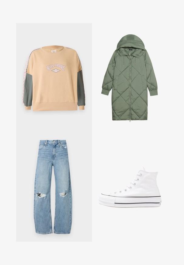 Quilted long green puffer coat with a hood, featuring a front zipper closure and two side pockets. Textured diamond pattern throughout.; Beige oversized sweatshirt with pink "BILLABONG" graphic, green sleeves, and patterned accents along arm seams. Soft cotton material.; Light blue, high-waisted jeans made of denim. Feature wide legs, two torn knee areas, and classic five-pocket styling.; White high-top canvas sneaker with black rubber sole, front rubber toe cap, and six eyelets for laces, featuring a clean, minimalist design.