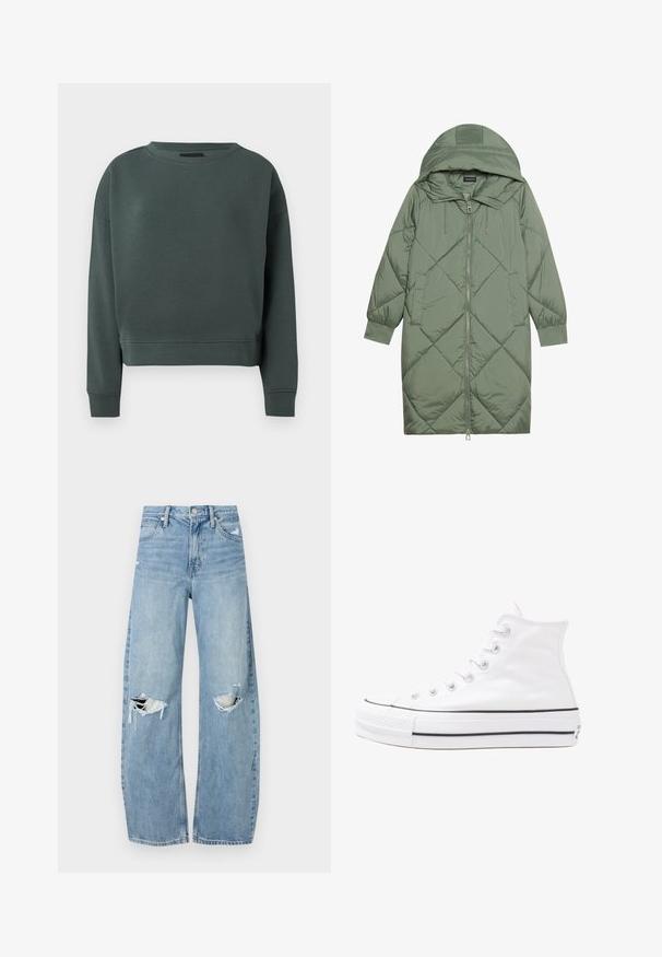 Cappotto lungo imbottito verde con un cappuccio, caratterizzato da una chiusura frontale a zip e due tasche laterali. Motivo a rombi testurizzati su tutta la superficie.; Felpa verde scuro realizzata in un morbido misto cotone. Caratterizzata da un collo a giro e polsini a costine. Design cropped con dettagli di cucitura minimi.; Jeans azzurri chiari a vita alta realizzati in denim. Presentano gambe larghe, due aree strappate sulle ginocchia e il classico styling a cinque tasche.; Sneaker alta in tela bianca con suola in gomma nera, punta in gomma frontale e sei asole per i lacci, caratterizzata da un design pulito e minimalista.